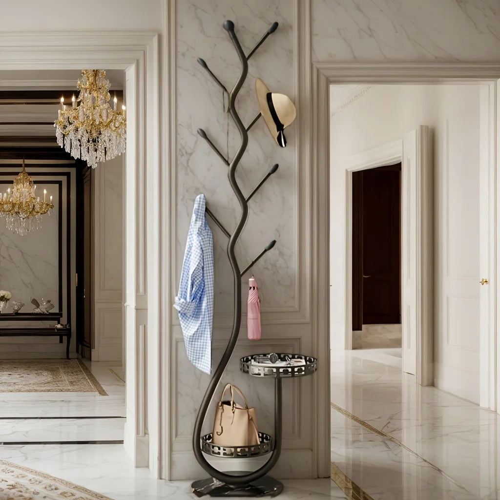 Porte-manteau sur pied arbre en métal avec plateau – Noir