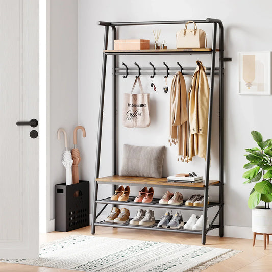 Portant d'entrée en métal noir avec barre à crochets et étagères à chaussures