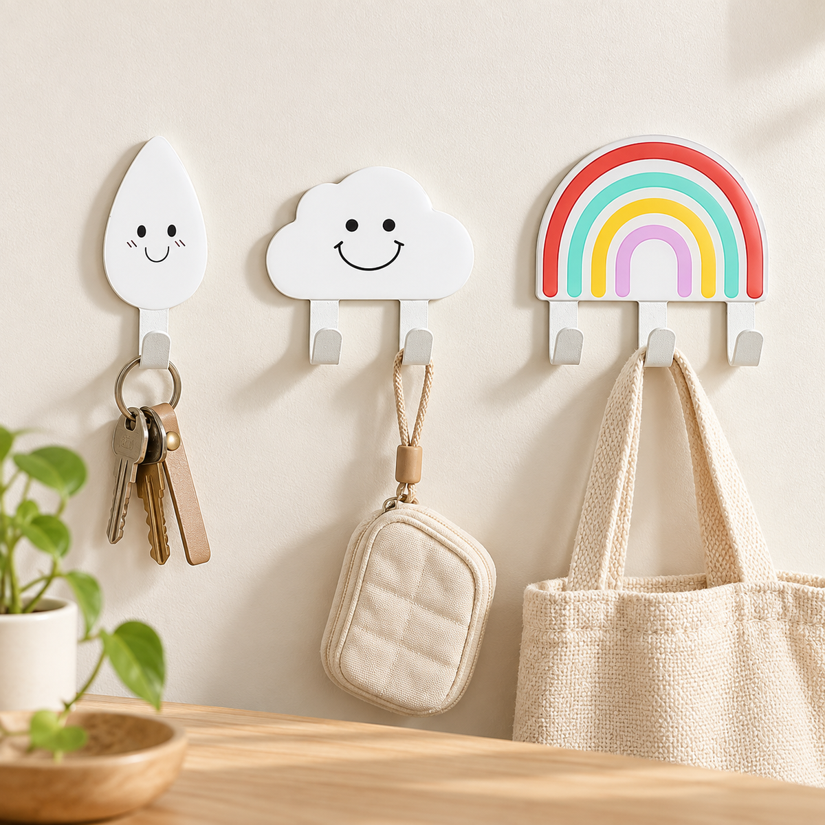 Crochets adhésifs mignons – Arc-en-ciel, nuages ou gouttes