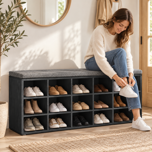 Banc à chaussures 15 compartiments – Siège rembourré, noir
