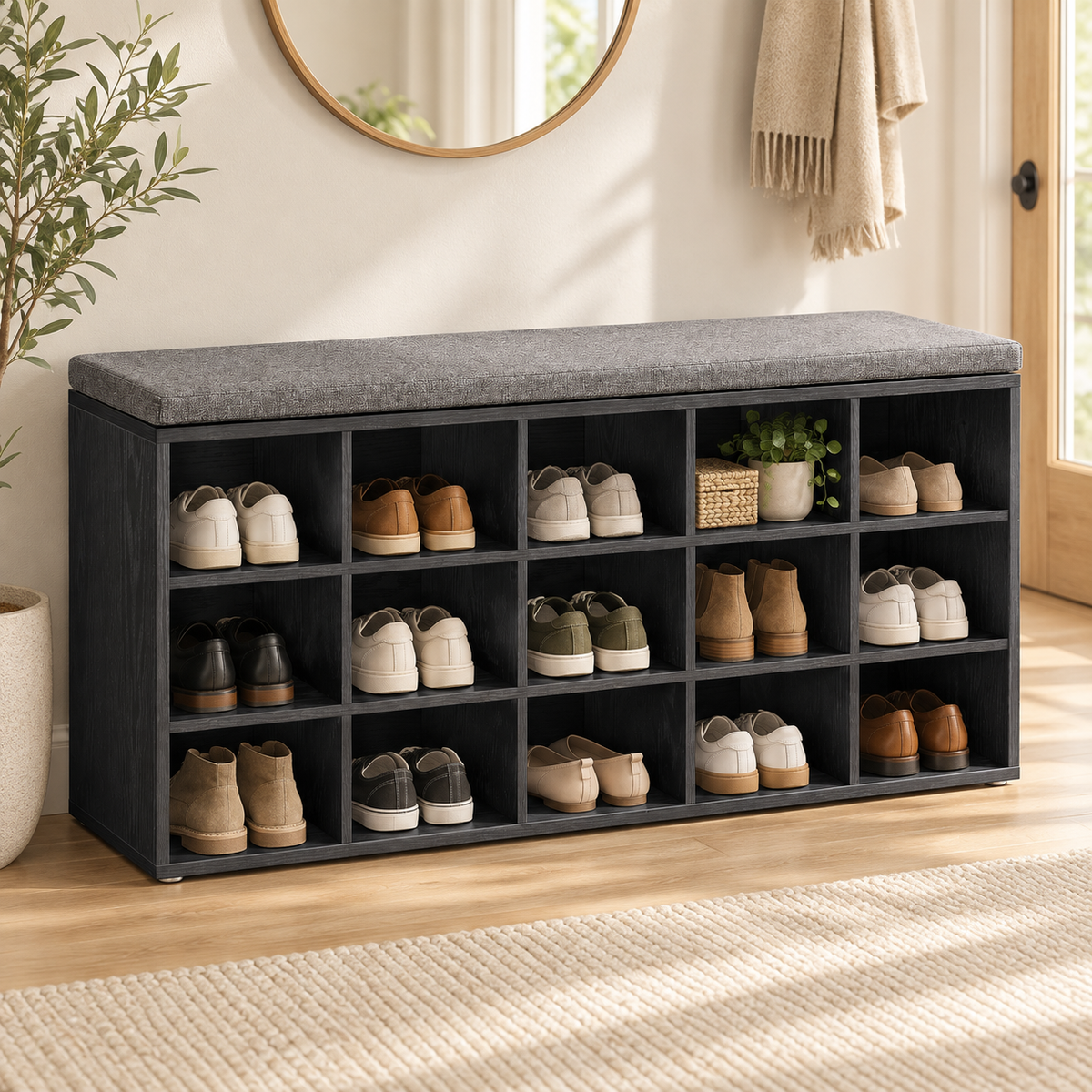 Banc à chaussures 15 compartiments avec siège rembourré – vue 3