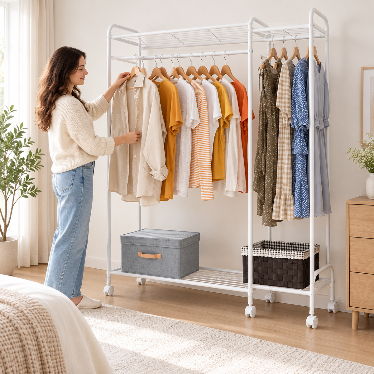 Femme choisissant un vêtement sur un porte-vêtements blanc à roulettes à double tige