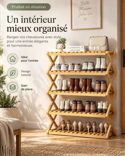 Étagère à chaussures pliable en bambou – 3 à 6 niveaux, 70 cm