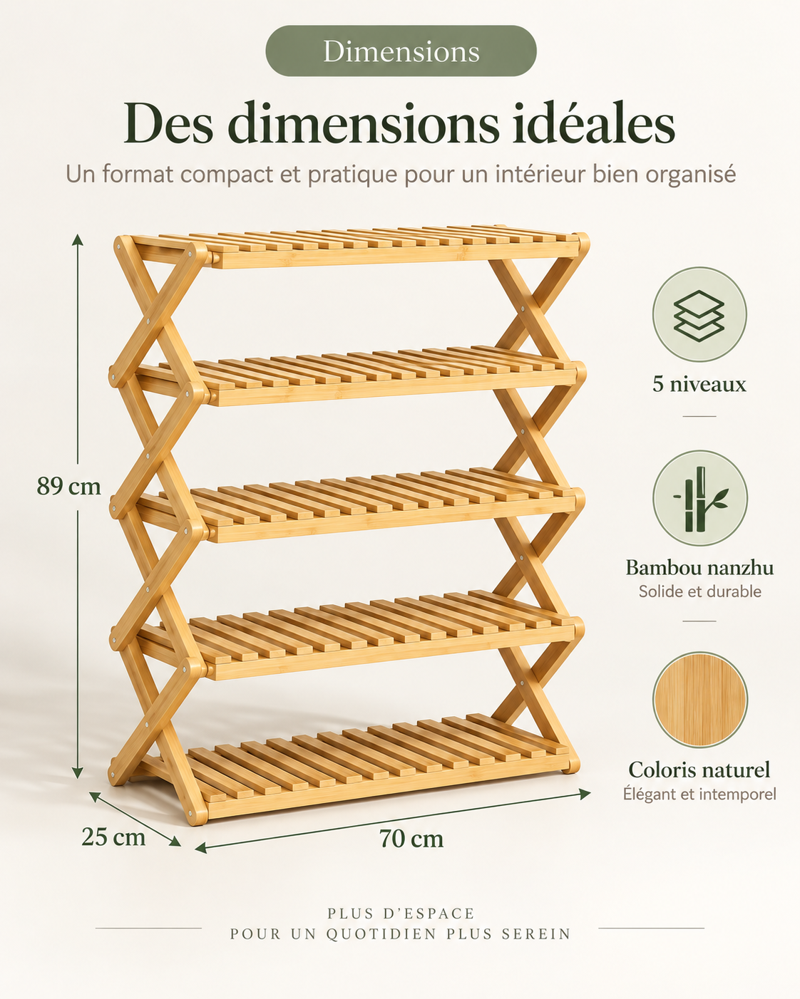 Étagère à chaussures pliable en bambou – 3 à 6 niveaux, 70 cm