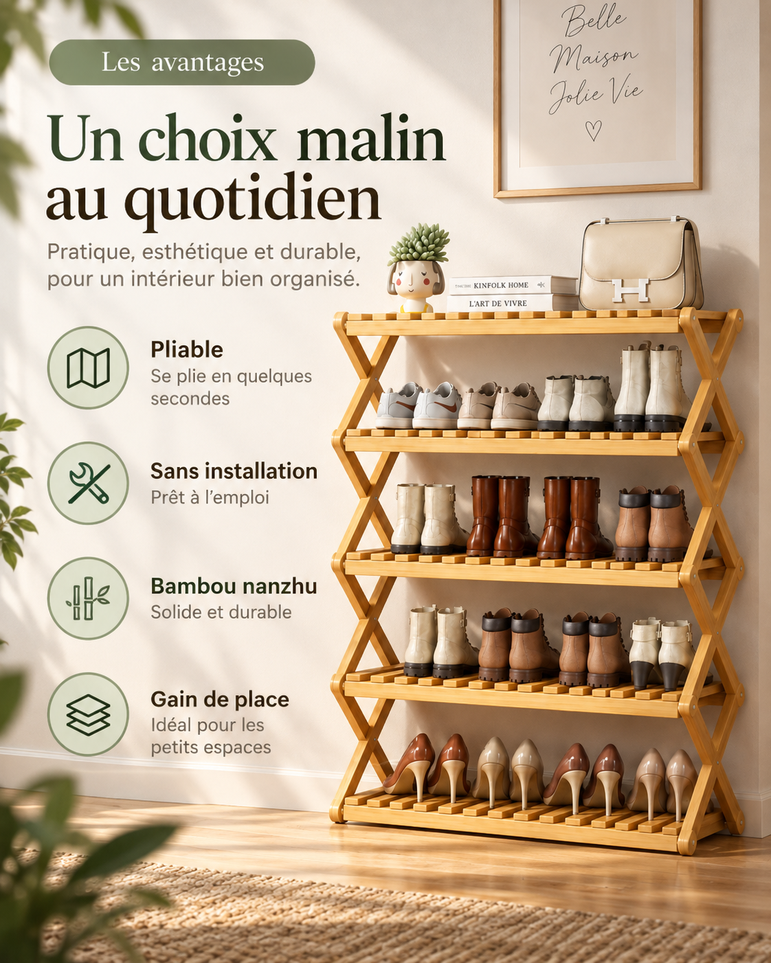 Étagère à chaussures pliable en bambou – 3 à 6 niveaux, 70 cm