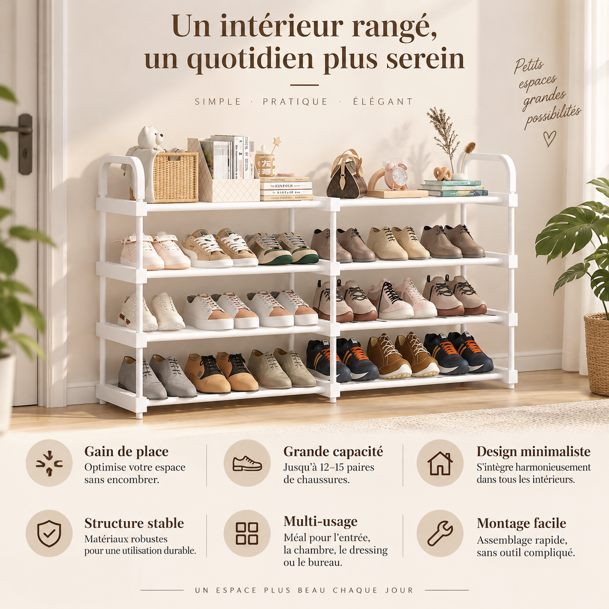 Étagère à chaussures blanche – 1 ou 2 rangées, 4 à 7 niveaux