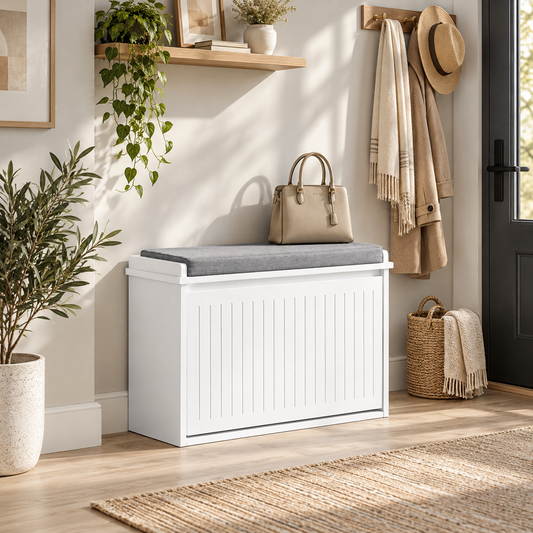 Banc à chaussures avec rabat et coussin – Blanc