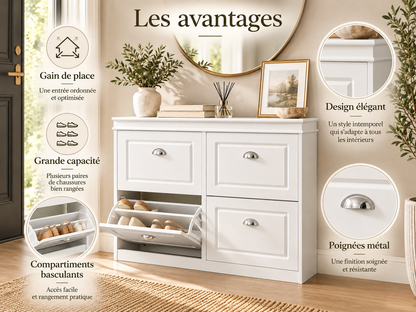 Meuble à chaussures 4 portes battantes – Noir, gris ou blanc