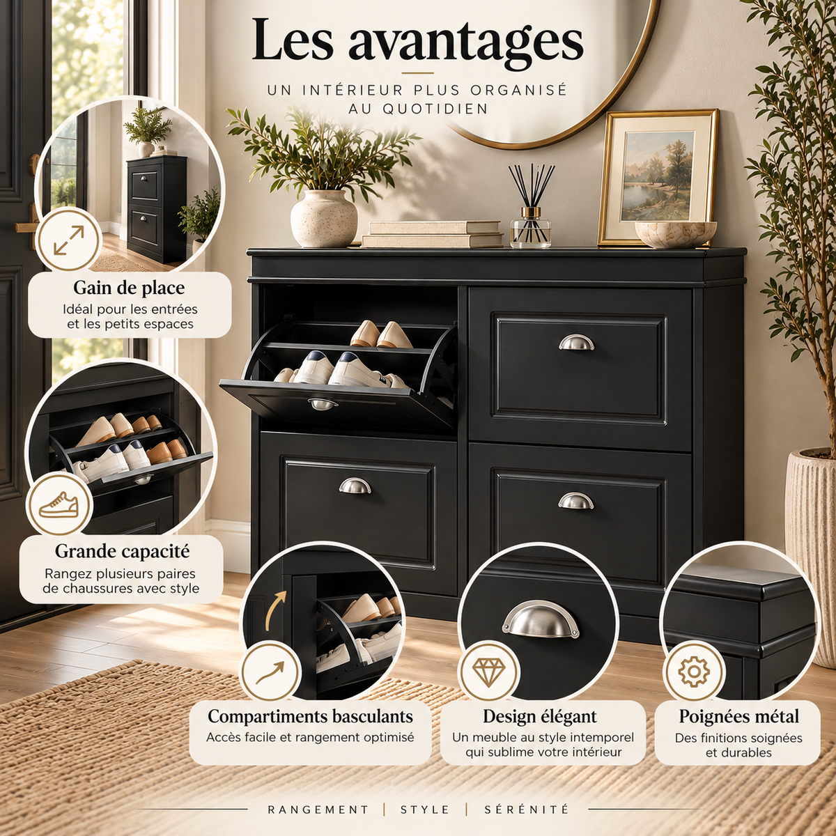 Meuble à chaussures 4 portes battantes – Noir, gris ou blanc
