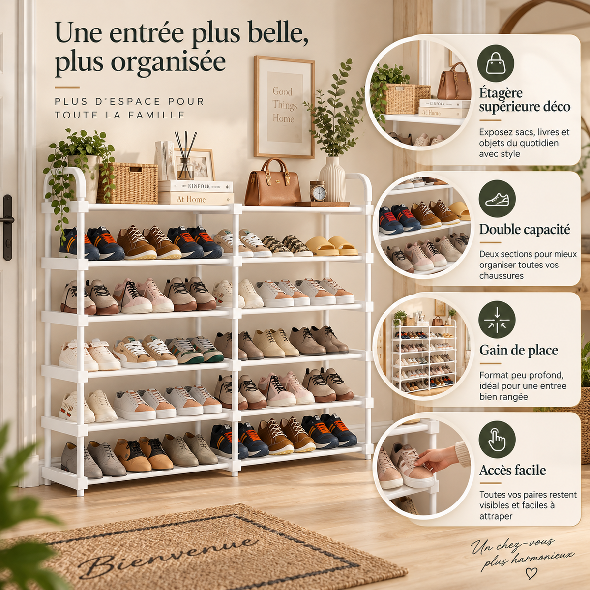 Étagère à chaussures blanche – 1 ou 2 rangées, 4 à 7 niveaux