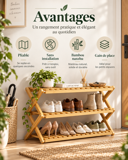 Étagère à chaussures pliable en bambou – 3 à 6 niveaux, 70 cm