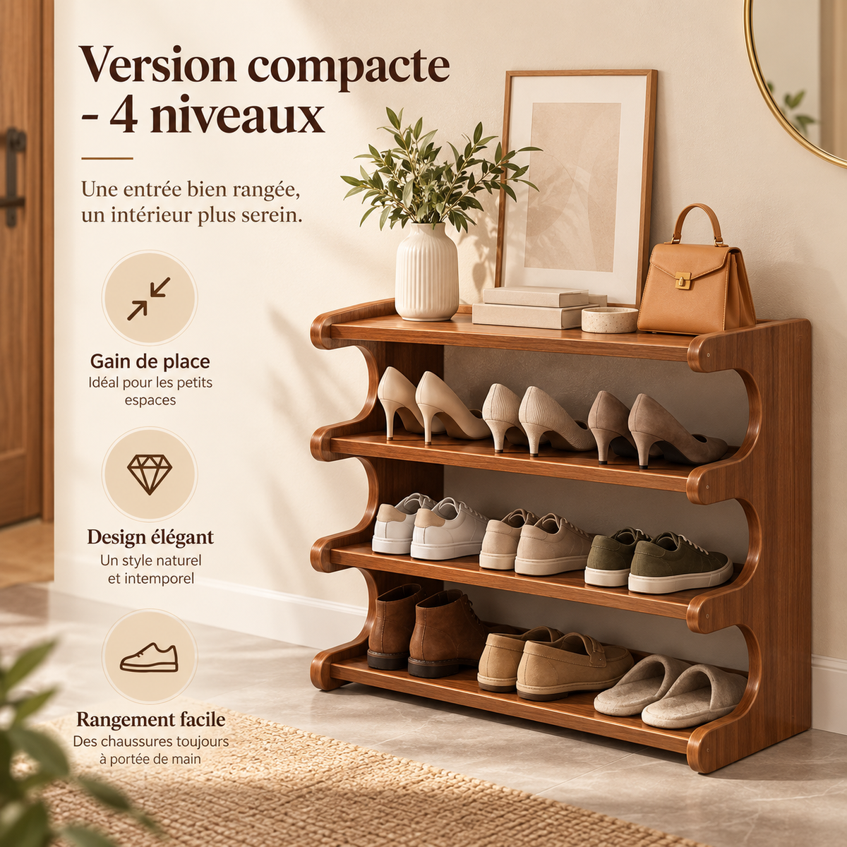 Étagère à chaussures en bois large – 4 à 6 niveaux, 2 versions