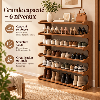 Étagère à chaussures en bois large – 4 à 6 niveaux, 2 versions