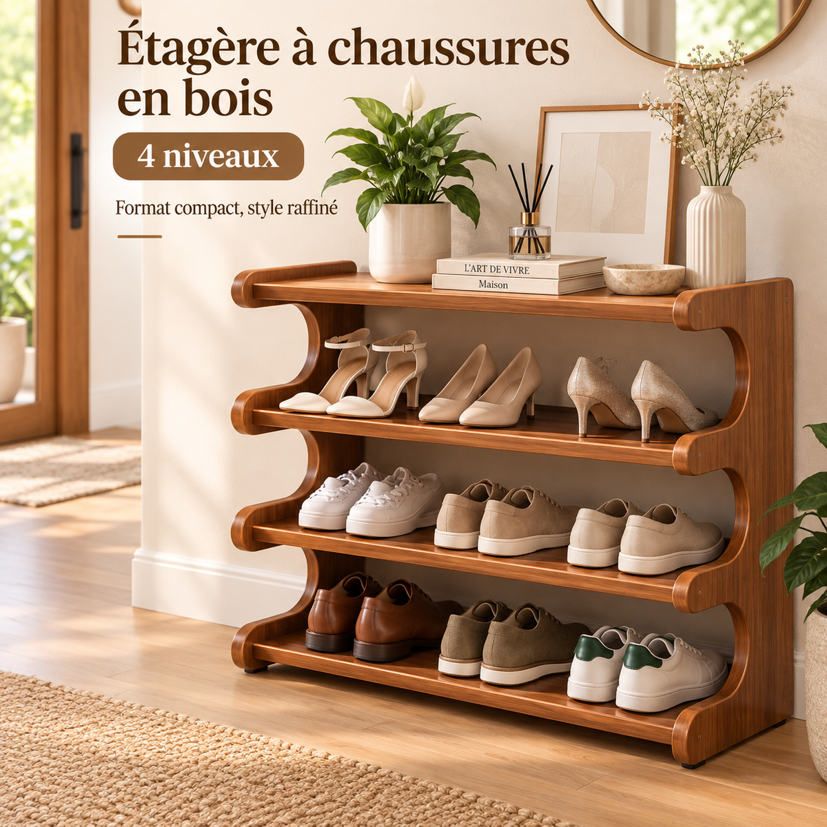 Étagère à chaussures en bois large – 4 à 6 niveaux, 2 versions