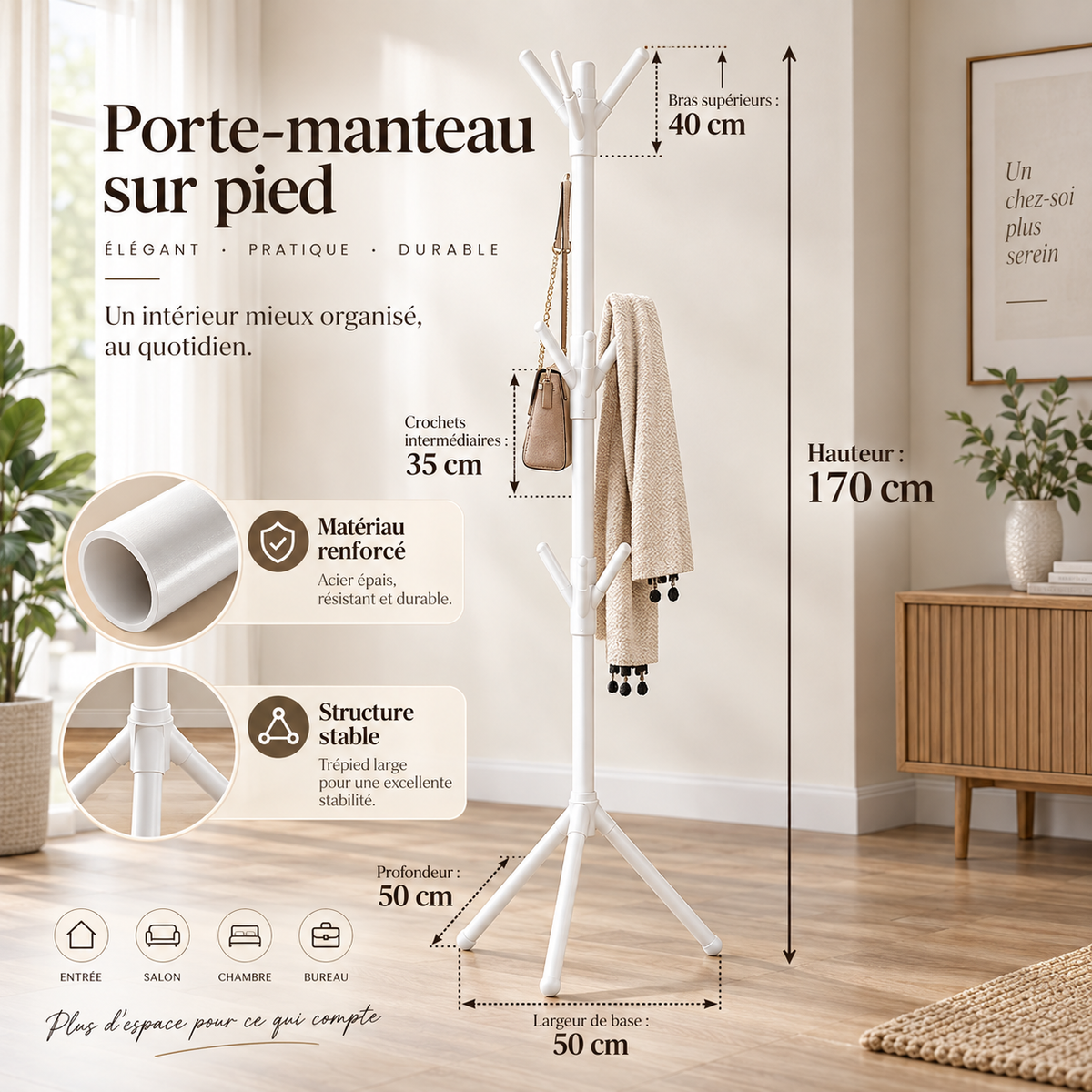 Porte-manteau sur pied en métal – Style arbre à crochets, noir ou blanc
