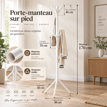 Porte-manteau sur pied en métal – Style arbre à crochets, noir ou blanc
