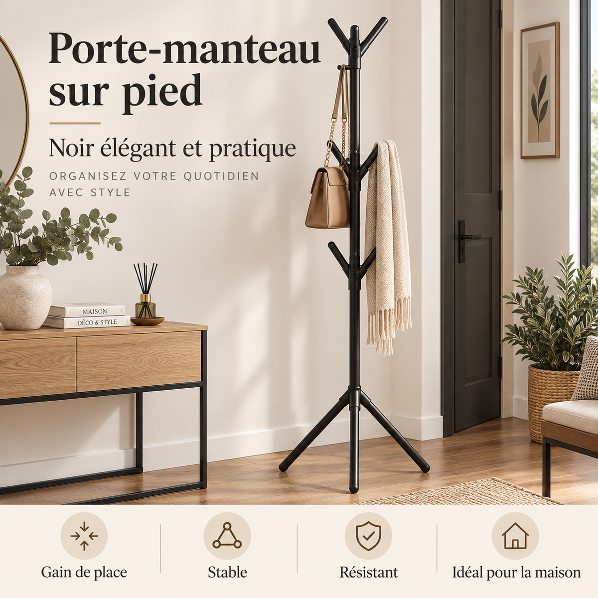 Porte-manteau sur pied en métal – Style arbre à crochets, noir ou blanc