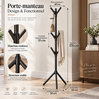 Porte-manteau sur pied en métal – Style arbre à crochets, noir ou blanc