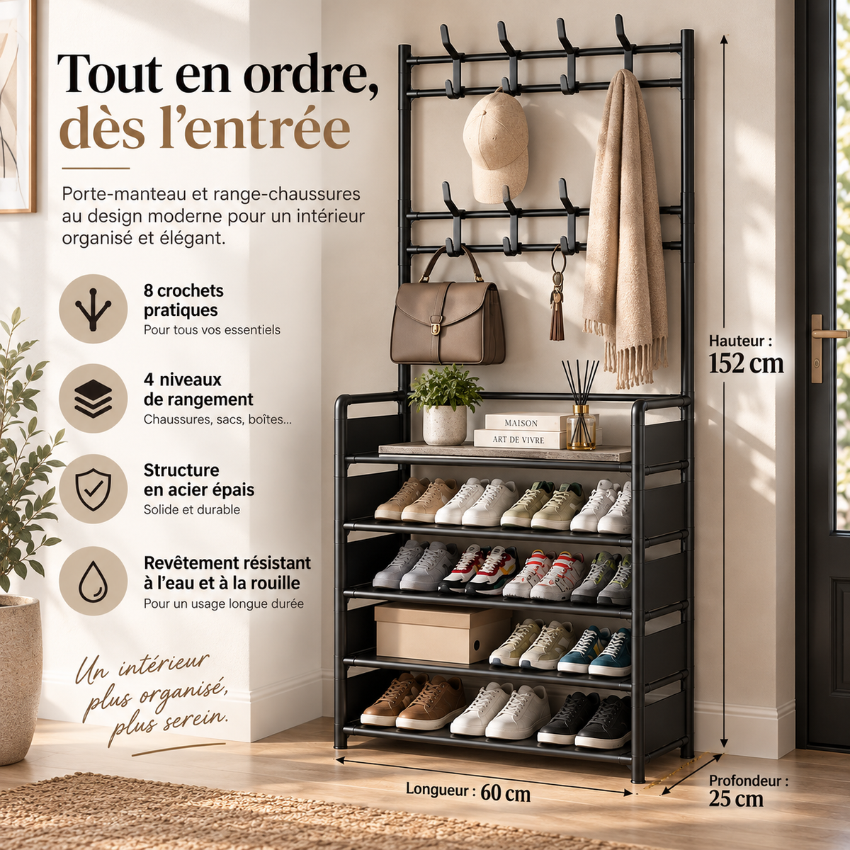 Étagère à chaussures en métal avec crochets – Multicouche
