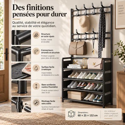 Étagère à chaussures en métal avec crochets – Multicouche