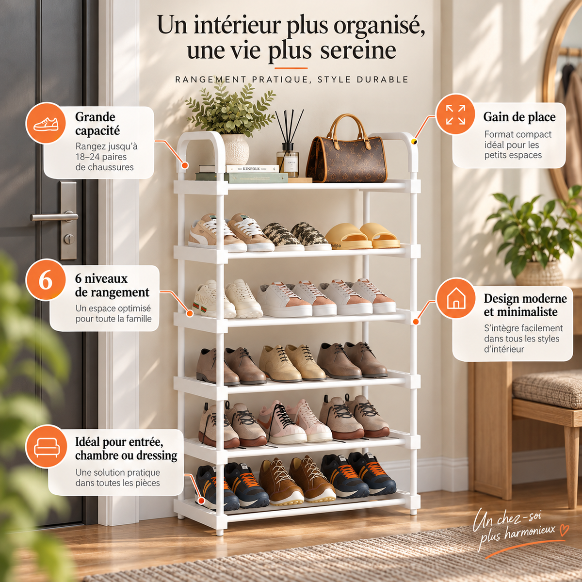 Étagère à chaussures blanche – 1 ou 2 rangées, 4 à 7 niveaux