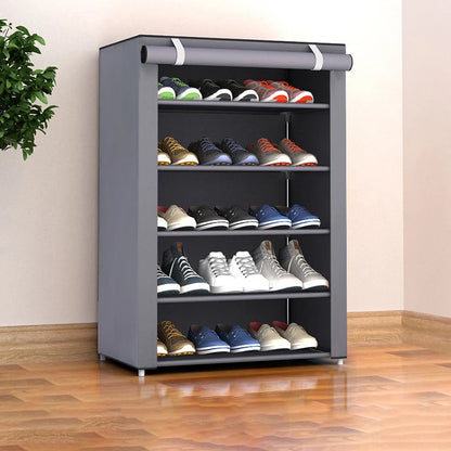 Armoire à chaussures grise avec housse en tissu relevable, 6, 8 ou 10 niveaux