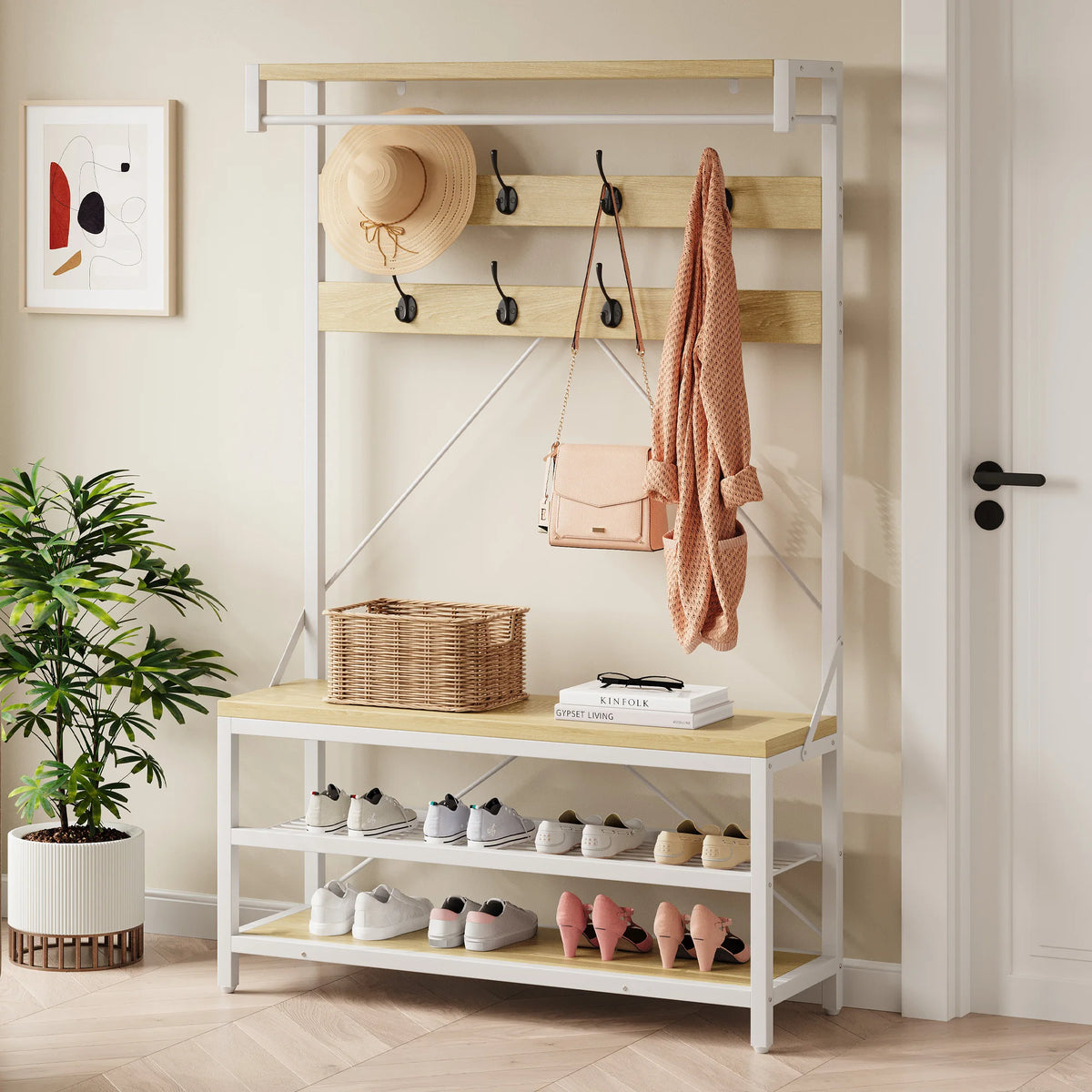 Porte-manteau industriel avec banc à chaussures 2 niveaux – Bois et blanc