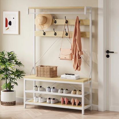 Porte-manteau industriel avec banc à chaussures 2 niveaux – Bois et blanc