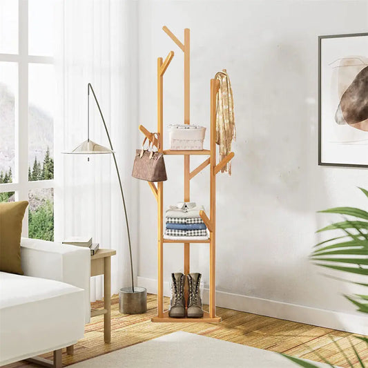 Porte-manteau d'angle en bambou en forme d'arbre avec deux étagères, sac et écharpe suspendus