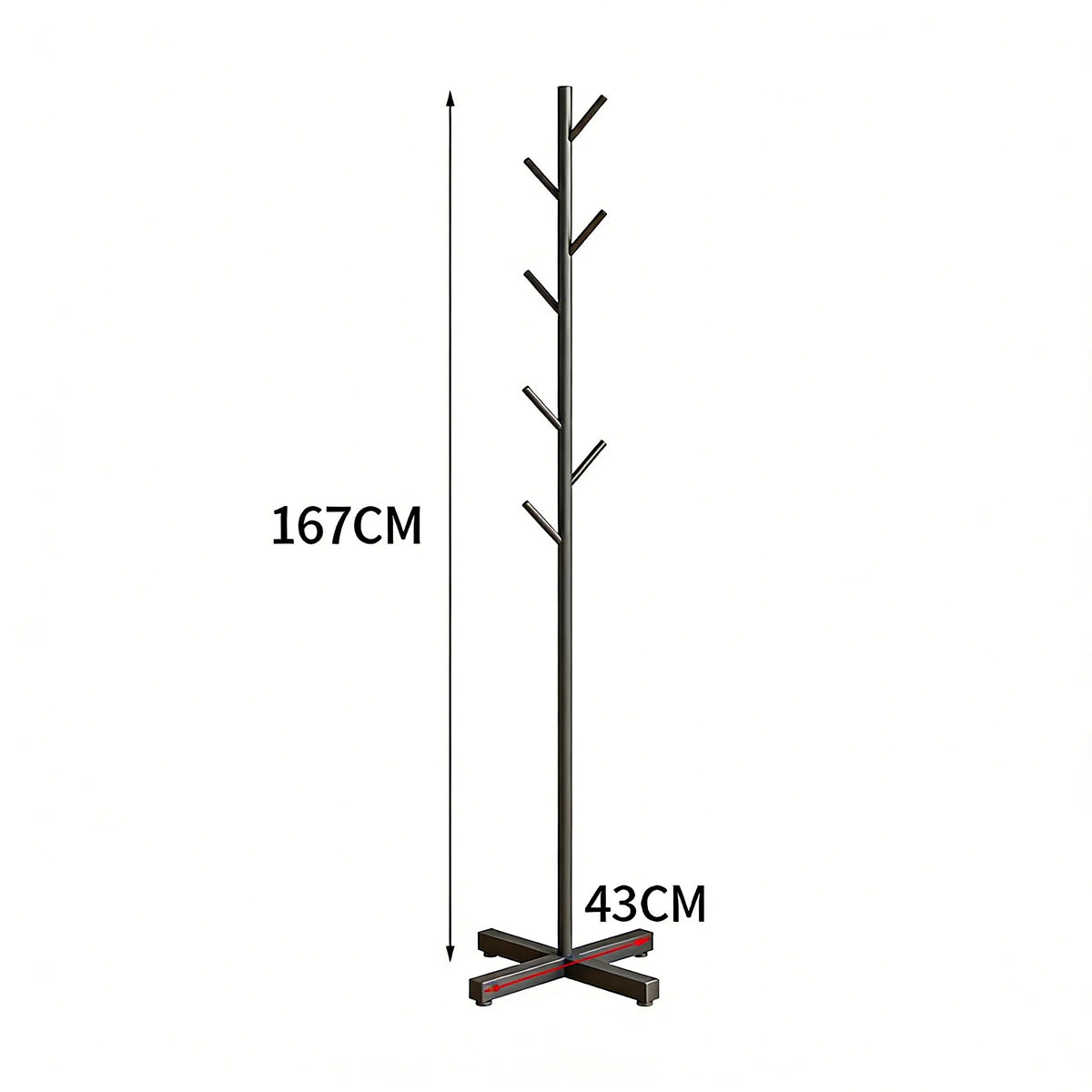 Porte-manteau sur pied noir en forme d'arbre, hauteur 167 cm, base en croix de 43 cm