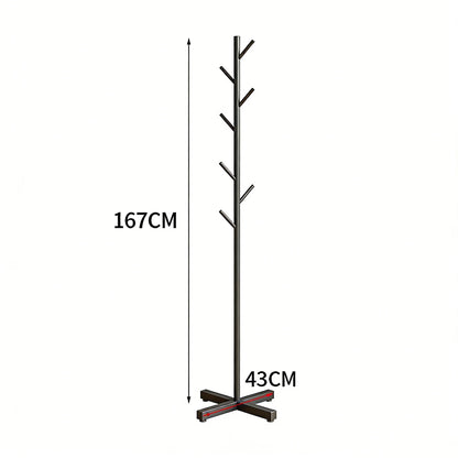 Porte-manteau sur pied noir en forme d'arbre, hauteur 167 cm, base en croix de 43 cm