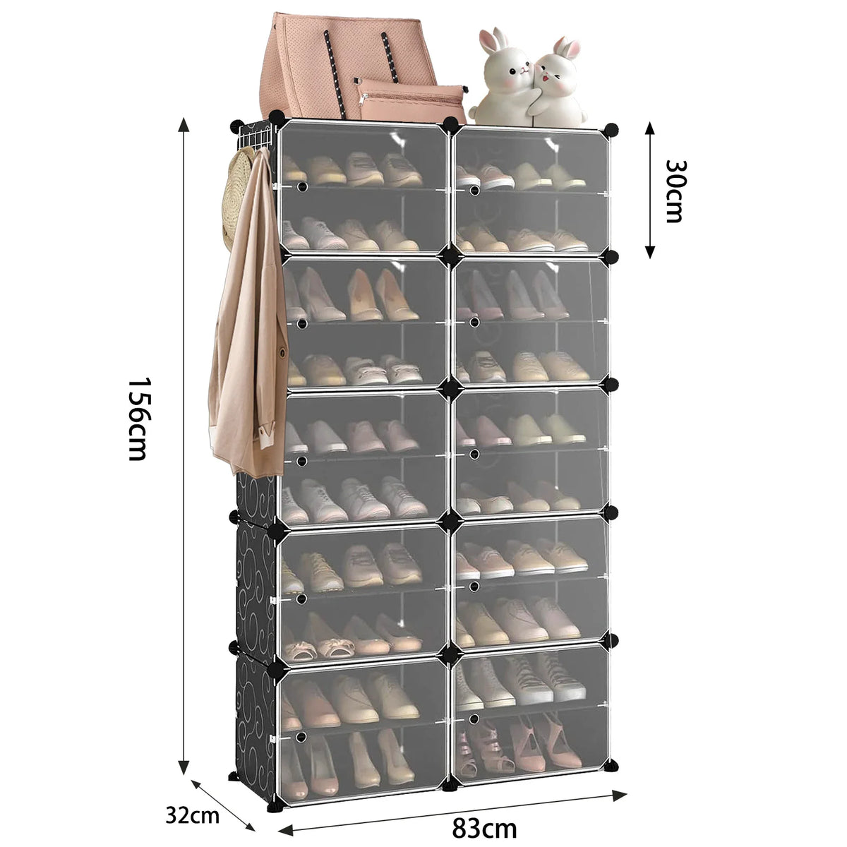 Meuble à chaussures modulable à portes transparentes – Noir / 40 paires