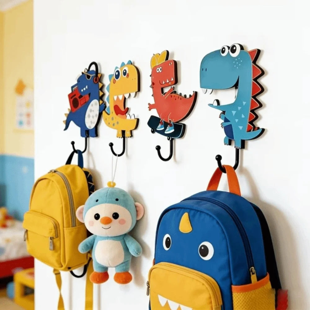 Lot de 4 crochets muraux dinosaures colorés en dessin animé, avec crochets noirs en métal
