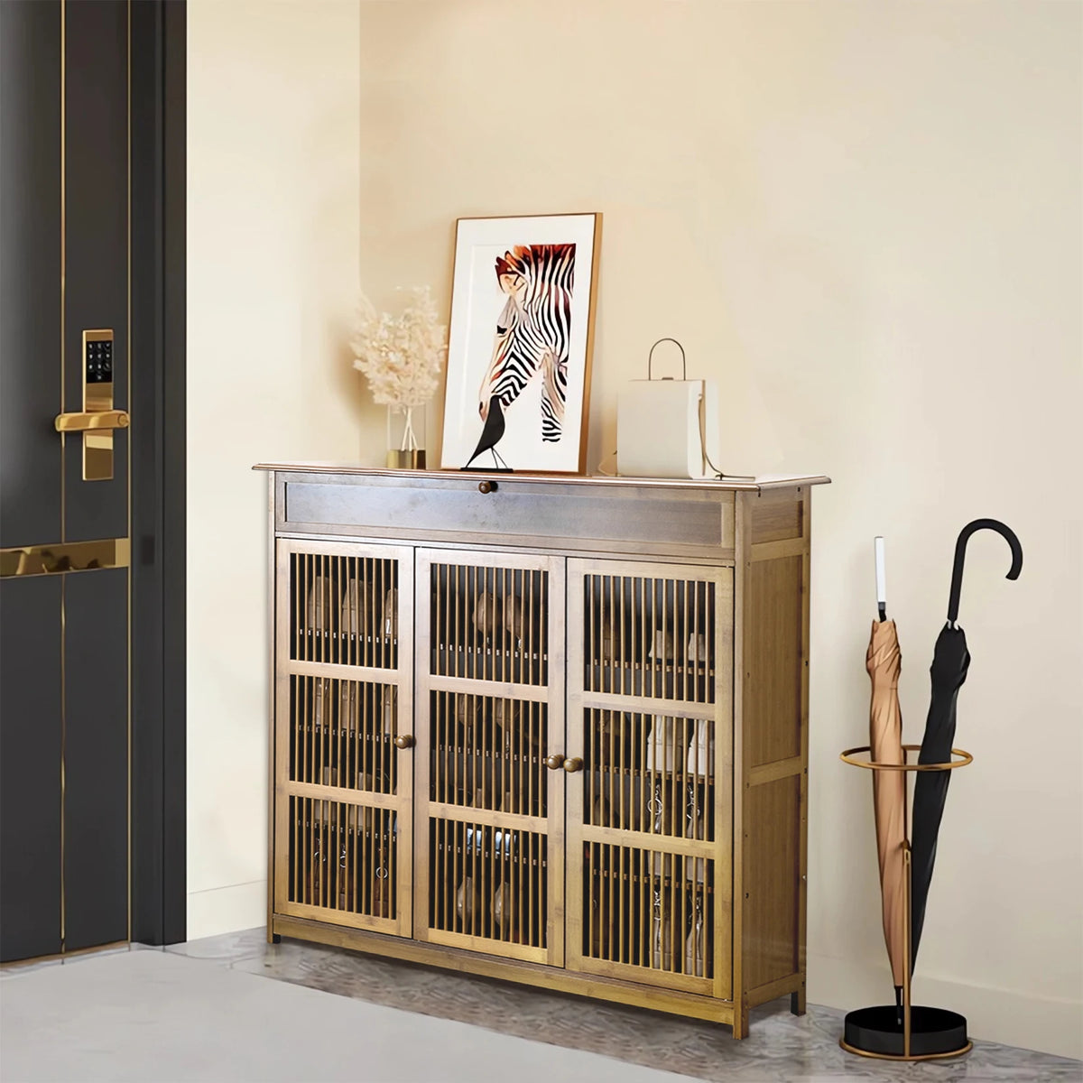 Armoire à chaussures en bambou 4 niveaux – 3 portes ajourées