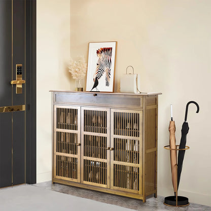 Armoire à chaussures en bambou 4 niveaux – 3 portes ajourées