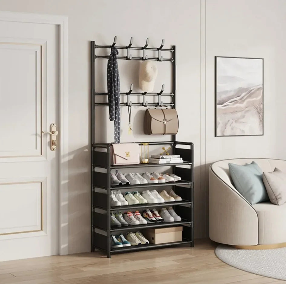 Portant d'entrée en métal noir : 4 niveaux pour chaussures et 8 crochets – photo 1