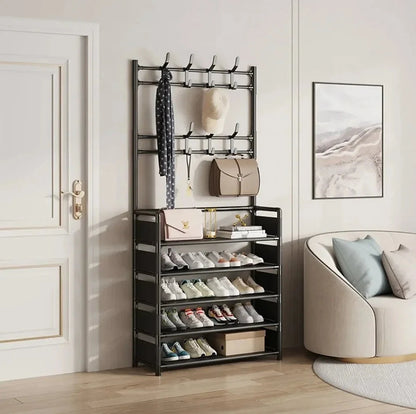 Portant d'entrée en métal noir : 4 niveaux pour chaussures et 8 crochets – photo 1