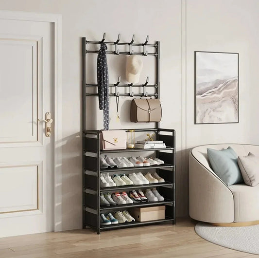 Portant d'entrée en métal noir : 4 niveaux pour chaussures et 8 crochets – photo 1