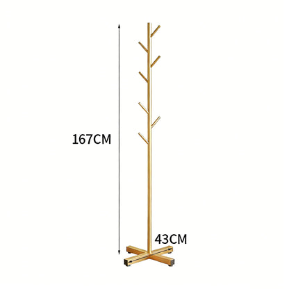 Porte-manteau sur pied en bois clair en forme d'arbre, hauteur 167 cm, base en croix de 43 cm
