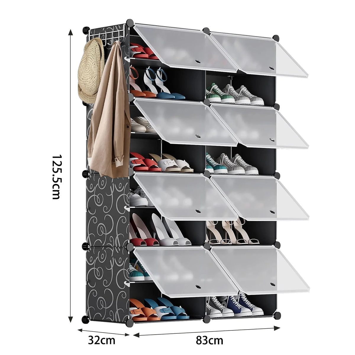 Meuble à chaussures modulable à portes transparentes – Noir / 8 niveaux