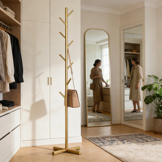 Porte-manteau sur pied en bois clair en forme d'arbre dans un dressing, avec sac suspendu