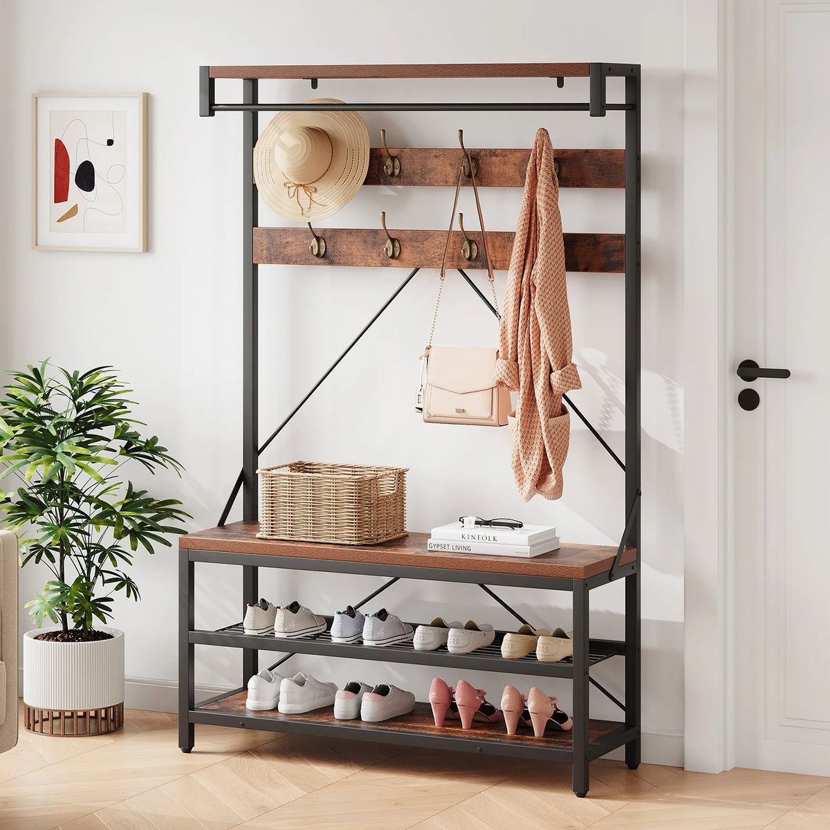 Porte-manteau industriel avec banc à chaussures 2 niveaux, cadre noir et panneaux effet bois