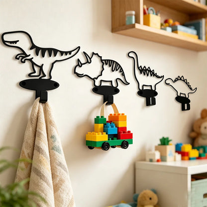 Lot de 4 crochets muraux dinosaures en fer noir : T-rex, tricératops, diplodocus et stégosaure