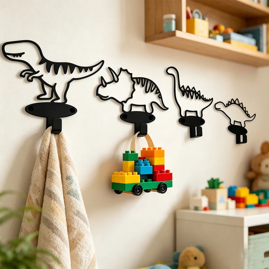 Lot de 4 crochets muraux dinosaures en fer noir : T-rex, tricératops, diplodocus et stégosaure