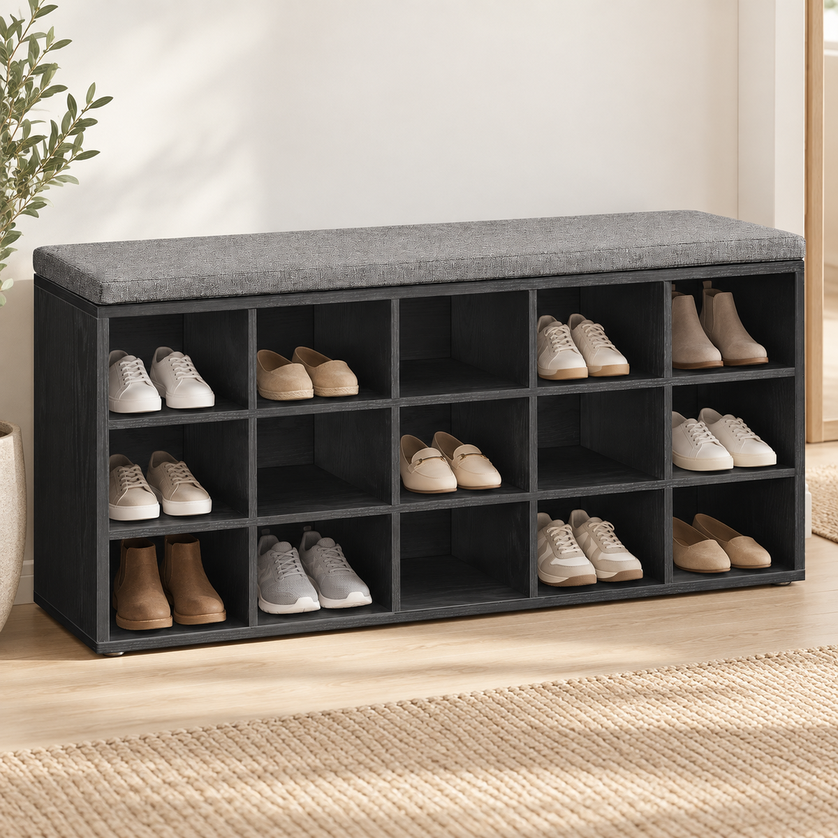 Banc à chaussures 15 compartiments avec siège rembourré – vue 2