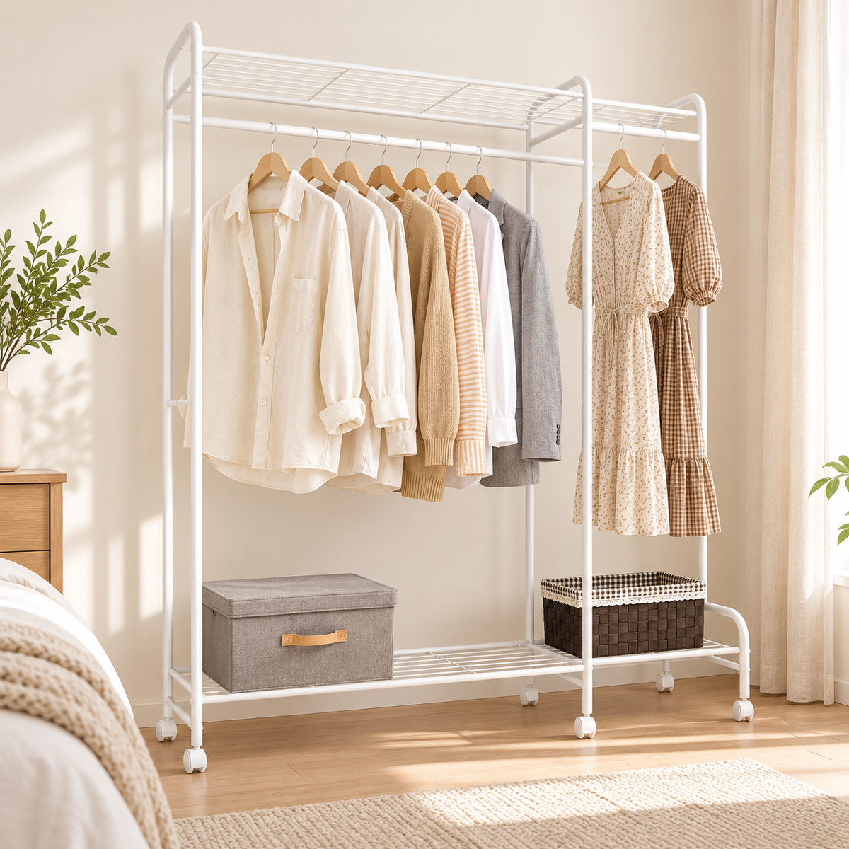 Porte-vêtements blanc sur roulettes avec chemises et robes suspendues, boîtes de rangement en bas