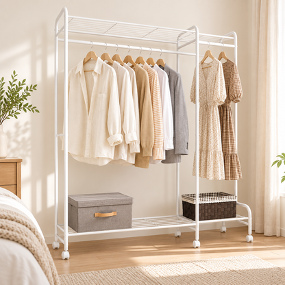 Porte-vêtements blanc sur roulettes avec chemises et robes suspendues, boîtes de rangement en bas