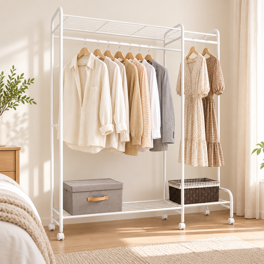 Porte-vêtements blanc sur roulettes avec chemises et robes suspendues, boîtes de rangement en bas