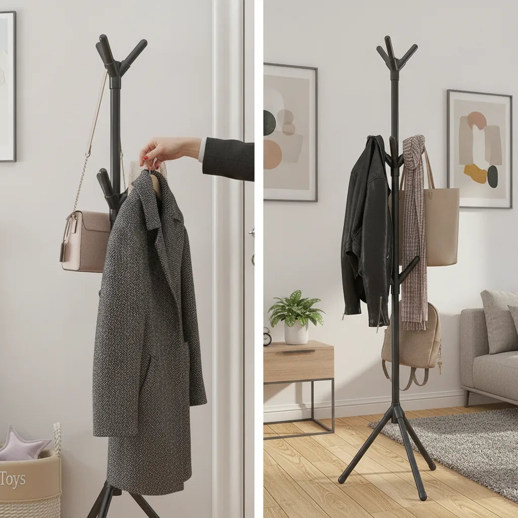 Porte-vêtements noir à branches en Y avec manteau et sac, vue rapprochée et vue d'ensemble