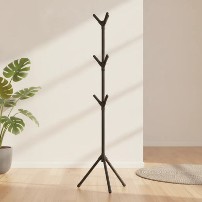 Porte-vêtements noir à trois étages de branches en Y et pieds en trépied